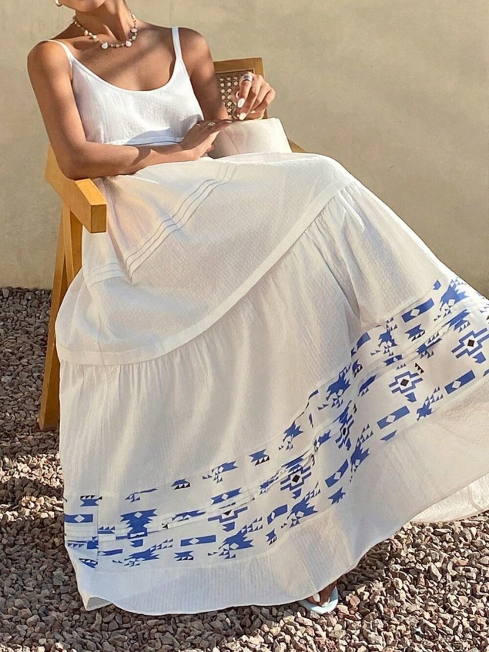 White Boho Women's Textured Patchwork Spaghetti Strap Vacation Sundress - Picture 5 of 7
